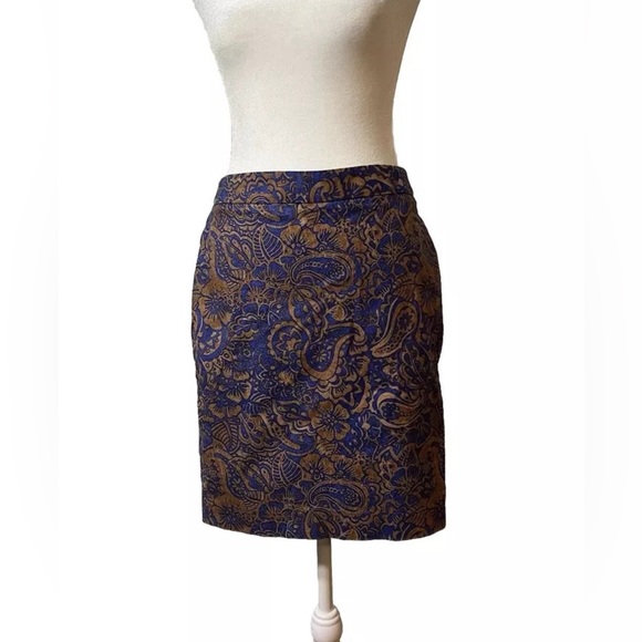 Vtg Pencil Skirt Loft Sz 4P Paisley Floral Blue Brown Preppy Buisness Fall - Picture 2 of 14
